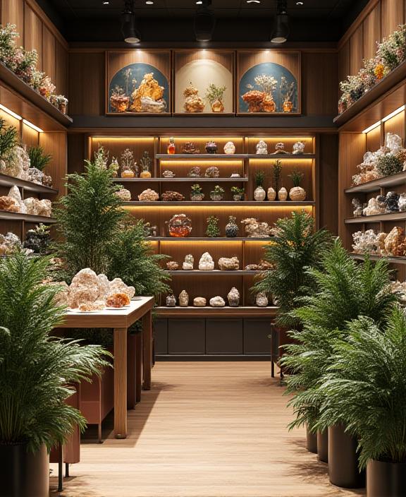 Interno del negozio Muschio e Quarzo con piante e decorazioni minerali, atmosfera accogliente.