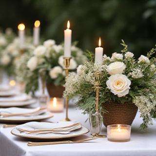 Tavolo di un matrimonio allestito con elelganti centrotavola floreali, candele e elementi naturali.