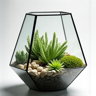 Elegante terrario geometrico in vetro con piante succulente, muschio e piccole pietre decorative.